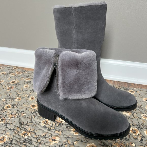 Women BANDOLINO Grey Suede Boots w/Fur Cuff - Picture 2 of 8